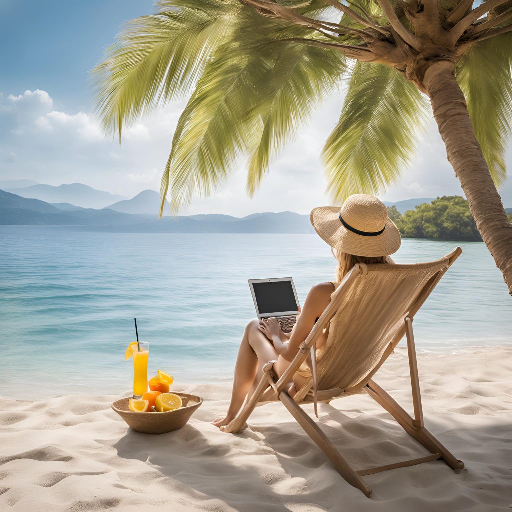 femme sur un transat qui teletravaille les pieds dans leau avec un mocktail a la main au bord dune plage paradisiaque