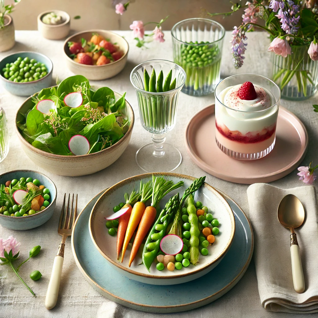 DALL·E 2025 03 21 15.54.43 A beautifully set spring table featuring a refined three course meal with a gourmet touch using seasonal ingredients in soft pastel tones. The table